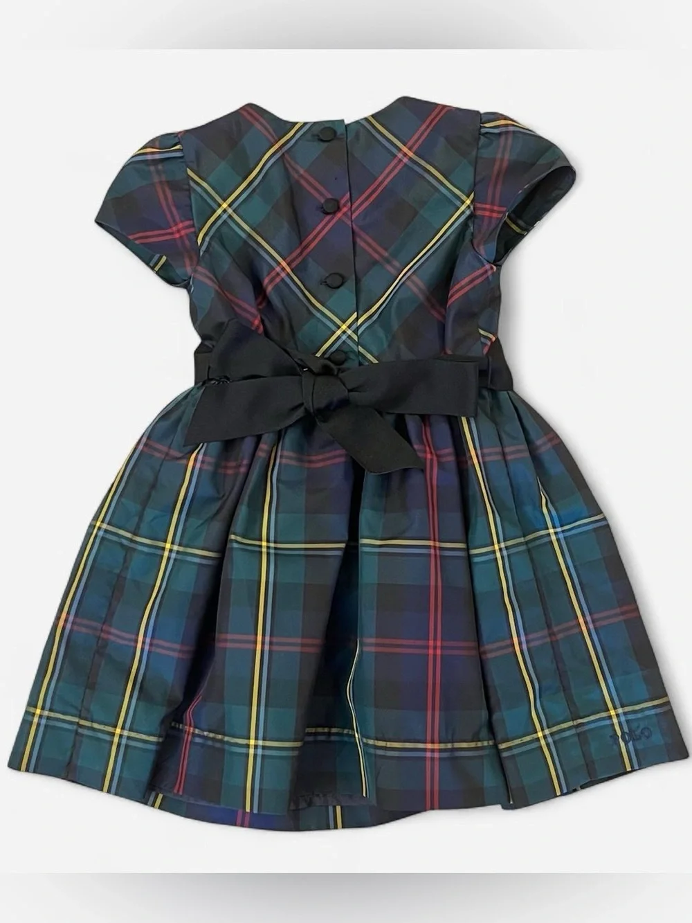Ralph Lauren Navy Green Plaid Fit-and-Flare Dress with Black Waistband